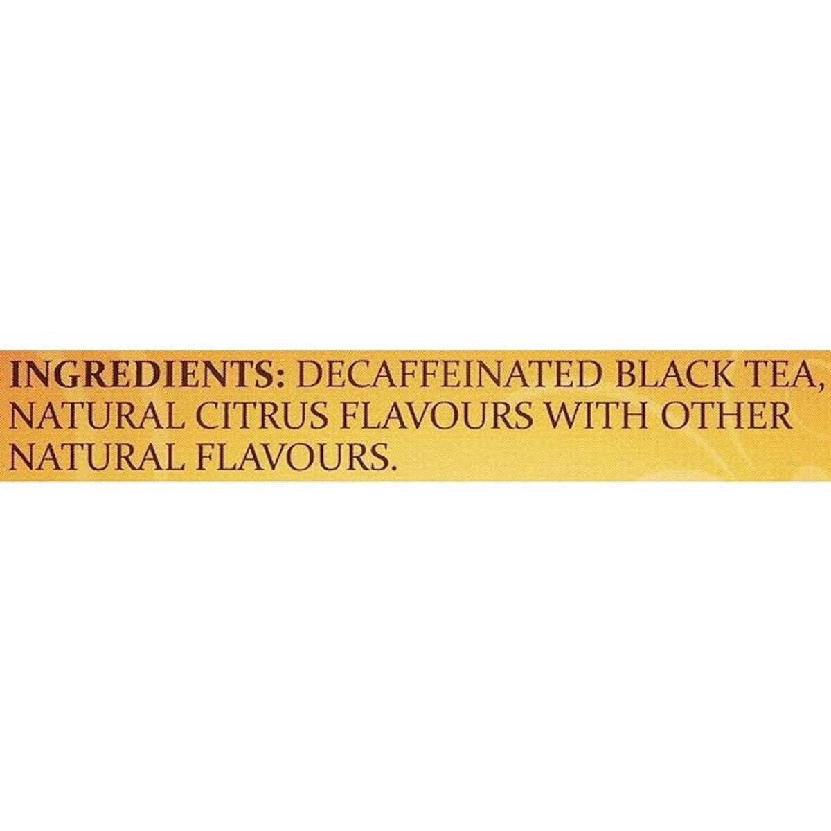 Text on a yellow background indicating ingredients of decaffeinated black tea with natural citrus flavors.