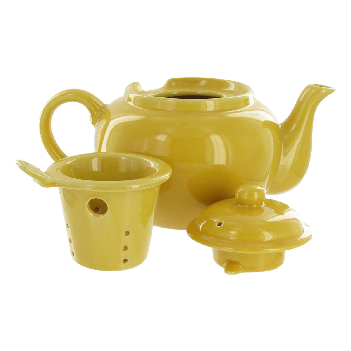 Yellow ceramic teapot with a smaller infuser and lid on a white background