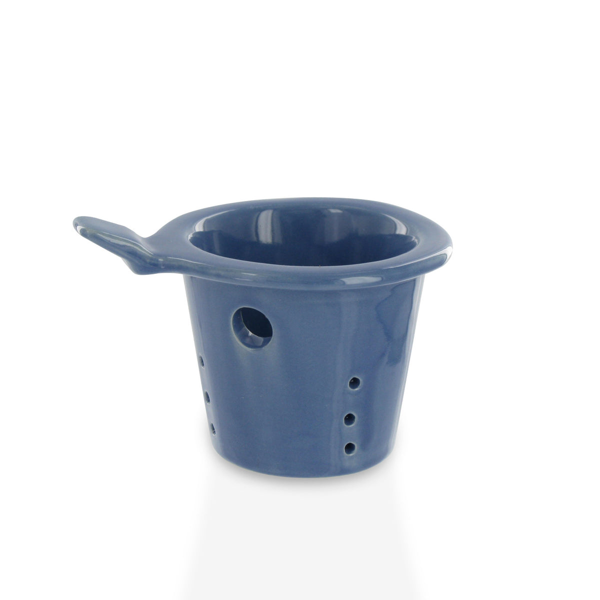 Blue ceramic tea infuser on a white background