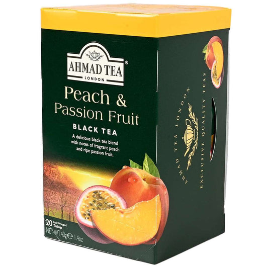 Ahmad Tea Peach & Passion Fruit black tea packaging on a white background