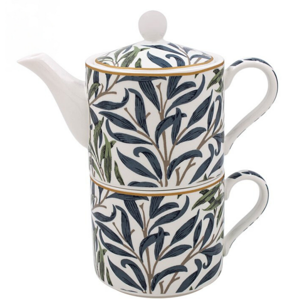 Ceramic teapot and matching teacup tea for one set with leaf pattern on a white background