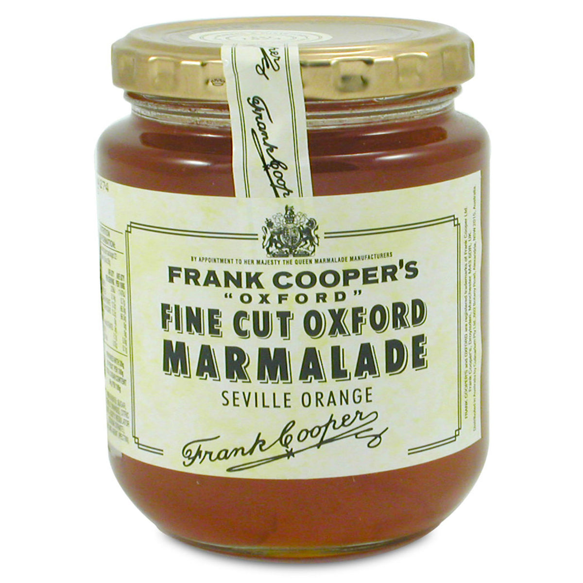 Jar of Frank Cooper's Oxford Marmalade with a gold lid on a white background