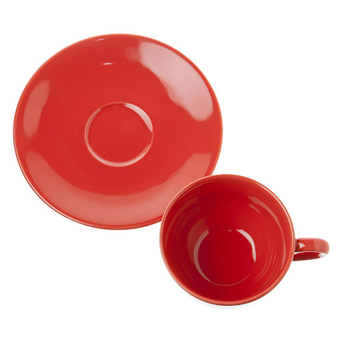 Red cup and saucer set on a white background