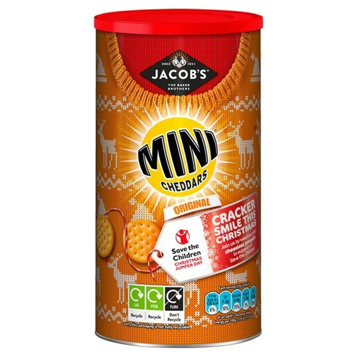 Can of Jacob's Mini Cheddars crackers with a festive design on a white background