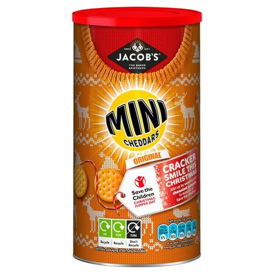 Can of Jacob's Mini Cheddars crackers with a festive design on a white background