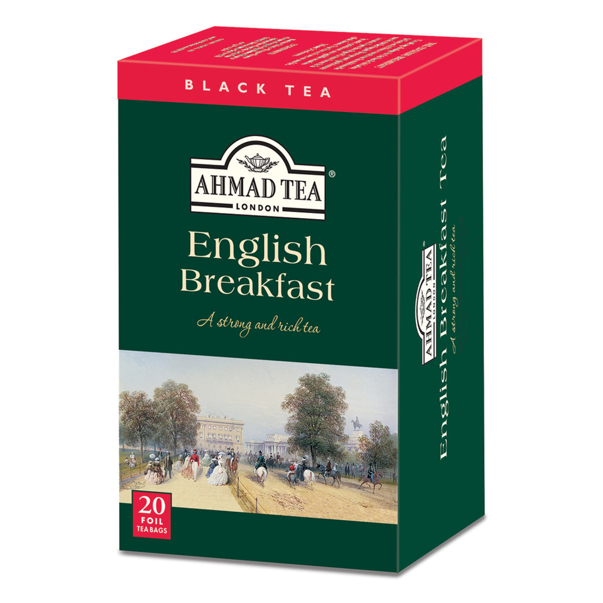 Box of Ahmad Tea English Breakfast black tea on a white background