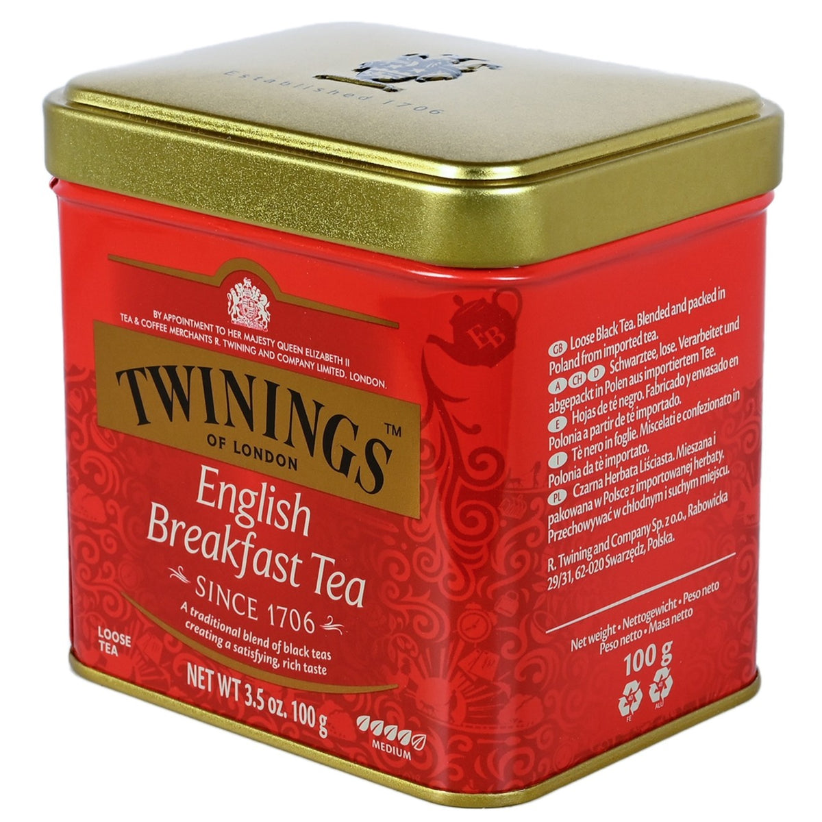 Red tin of Twinings English Breakfast Tea with gold lid on a white background