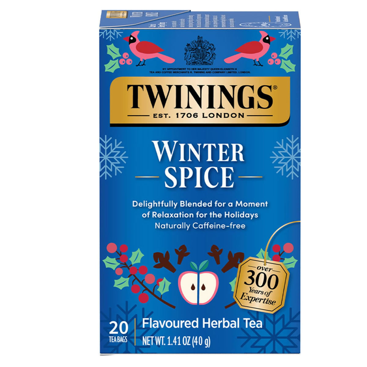 Twinings Winter Spice tea box with festive design on a white background