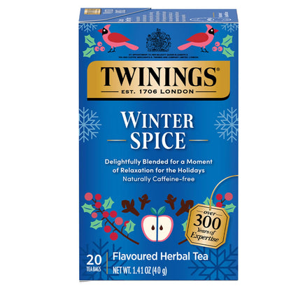 Twinings Winter Spice tea box with festive design on a white background