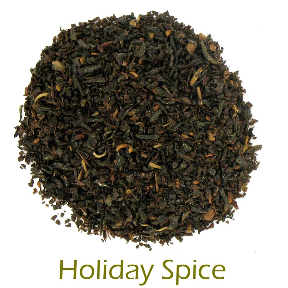 Holiday Spice loose-leaf tea on a white background with product name caption