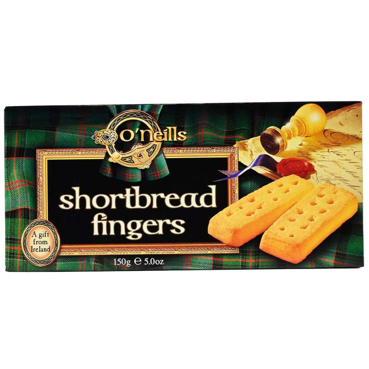 Box of O'Neill's shortbread fingers with plaid design and gold accents.