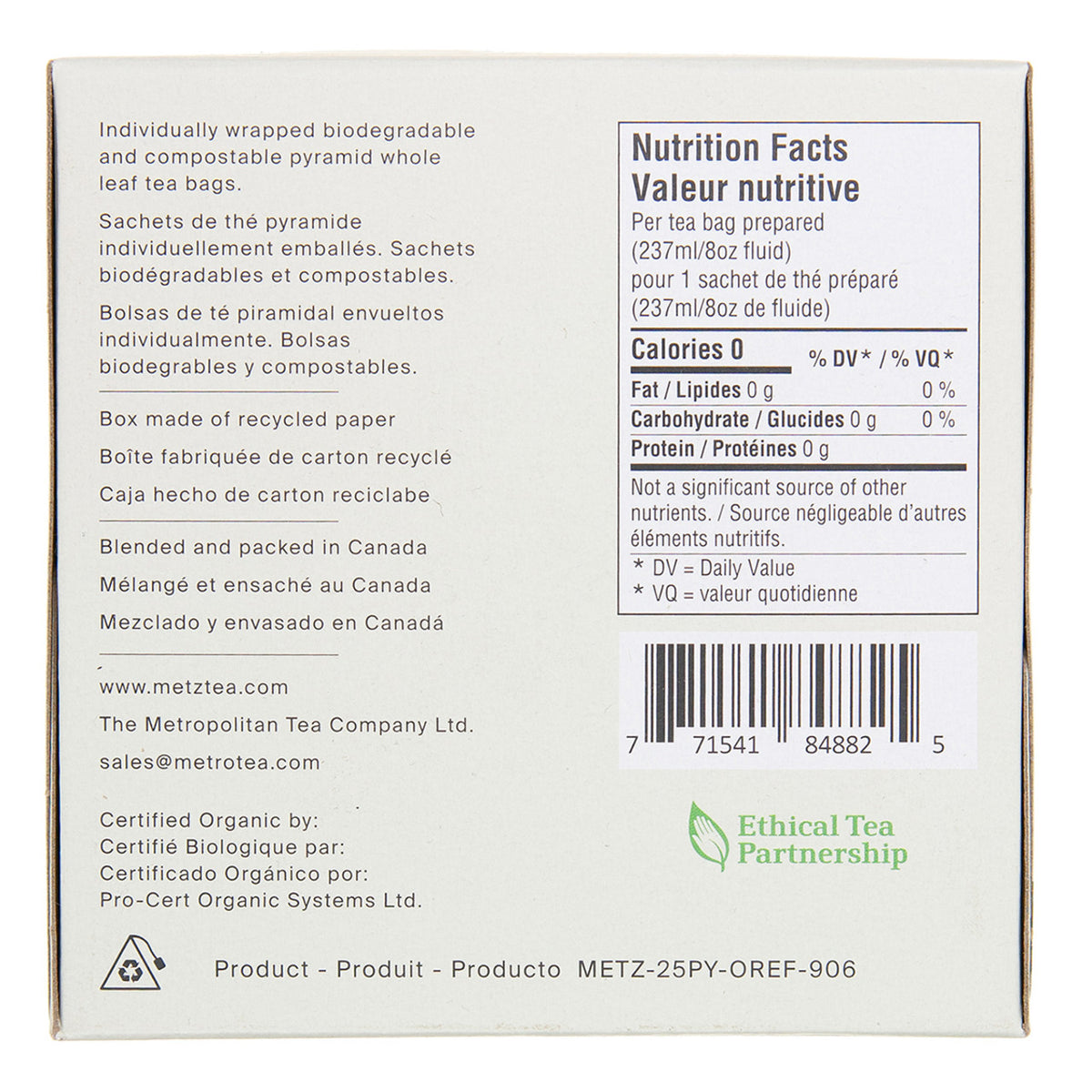 Back of a tea package with nutritional information and certification details.