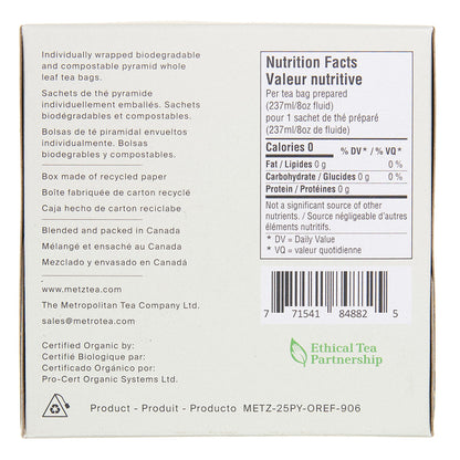 Back of a tea package with nutritional information and certification details.