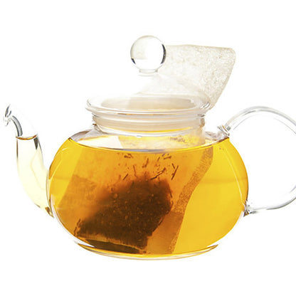 Clear glass teapot with a tea bag inside on a white background