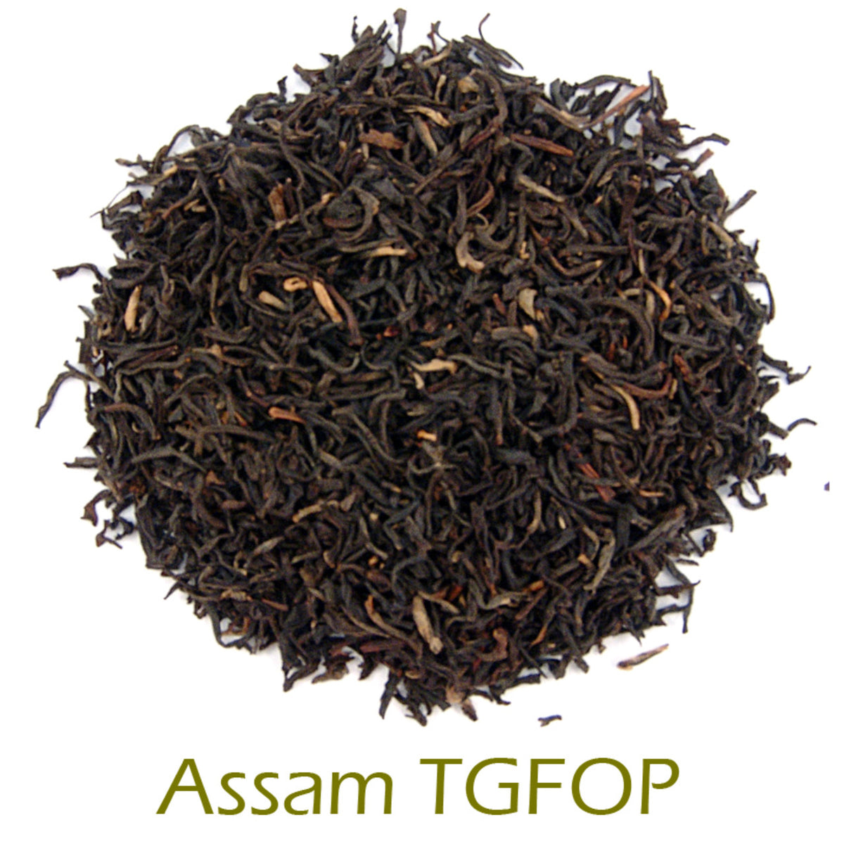Assam TGFPOP black tea leaves on a white background