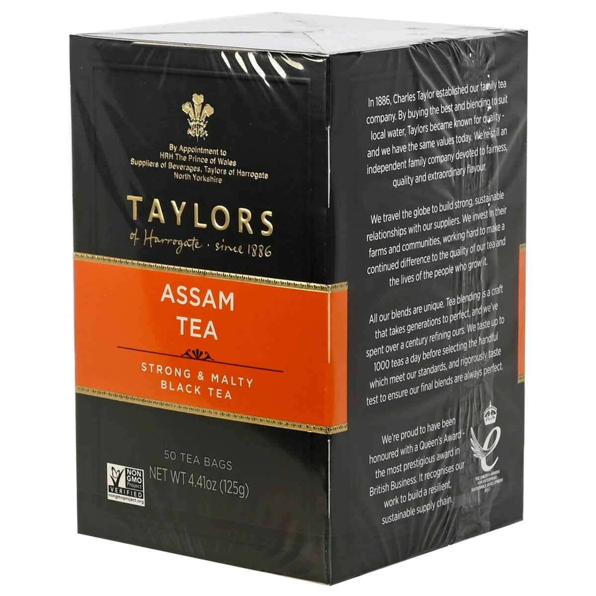 Box of Taylors of Harrogate Assam Tea on a white background