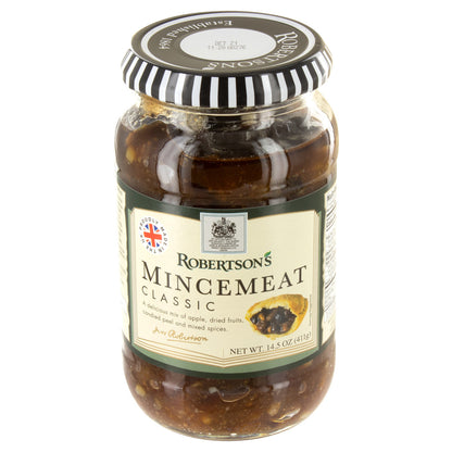 Jar of Robertson's Mincemeat with a striped lid on a white background