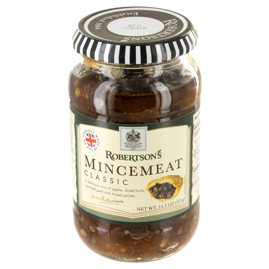 Jar of Robertson's Mincemeat with a striped lid on a white background