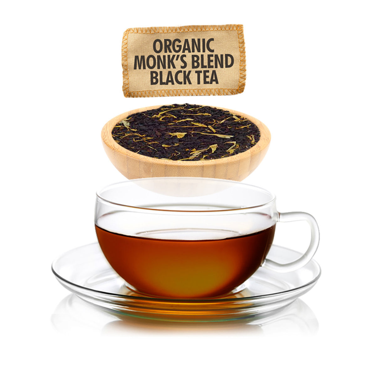 Glass cup of black tea with a wooden bowl of tea leaves and a label above on a white background.
