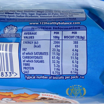 Close up for the nutritional information label on a blue package of McVitie's Milk Chocolate Hobnobs.