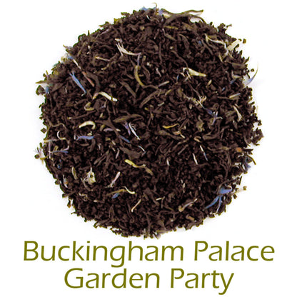 Buckingham Palace Garden Party loose-leaf tea on a white background with product title text callout at bottom