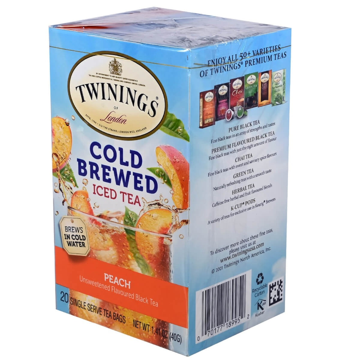 Angle view of a box of Twining's Cold Brewed Iced Tea Peach flavored teabags.  