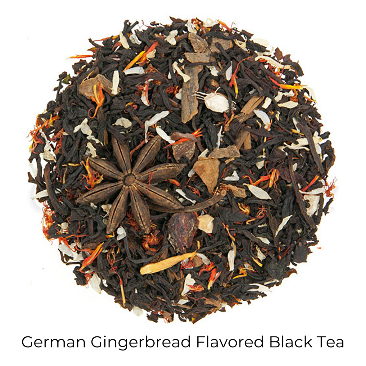 German Gingerbread Flavored Black loose-leaf tea on a white background with product title text callout at bottom