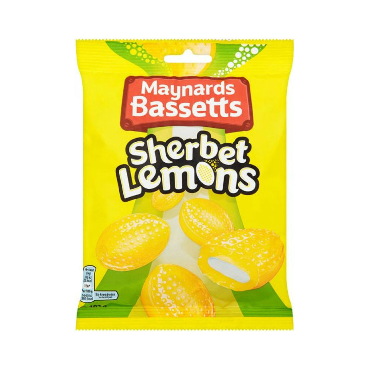 Packaging of Maynards Bassetts Sherbet Lemons on a white background