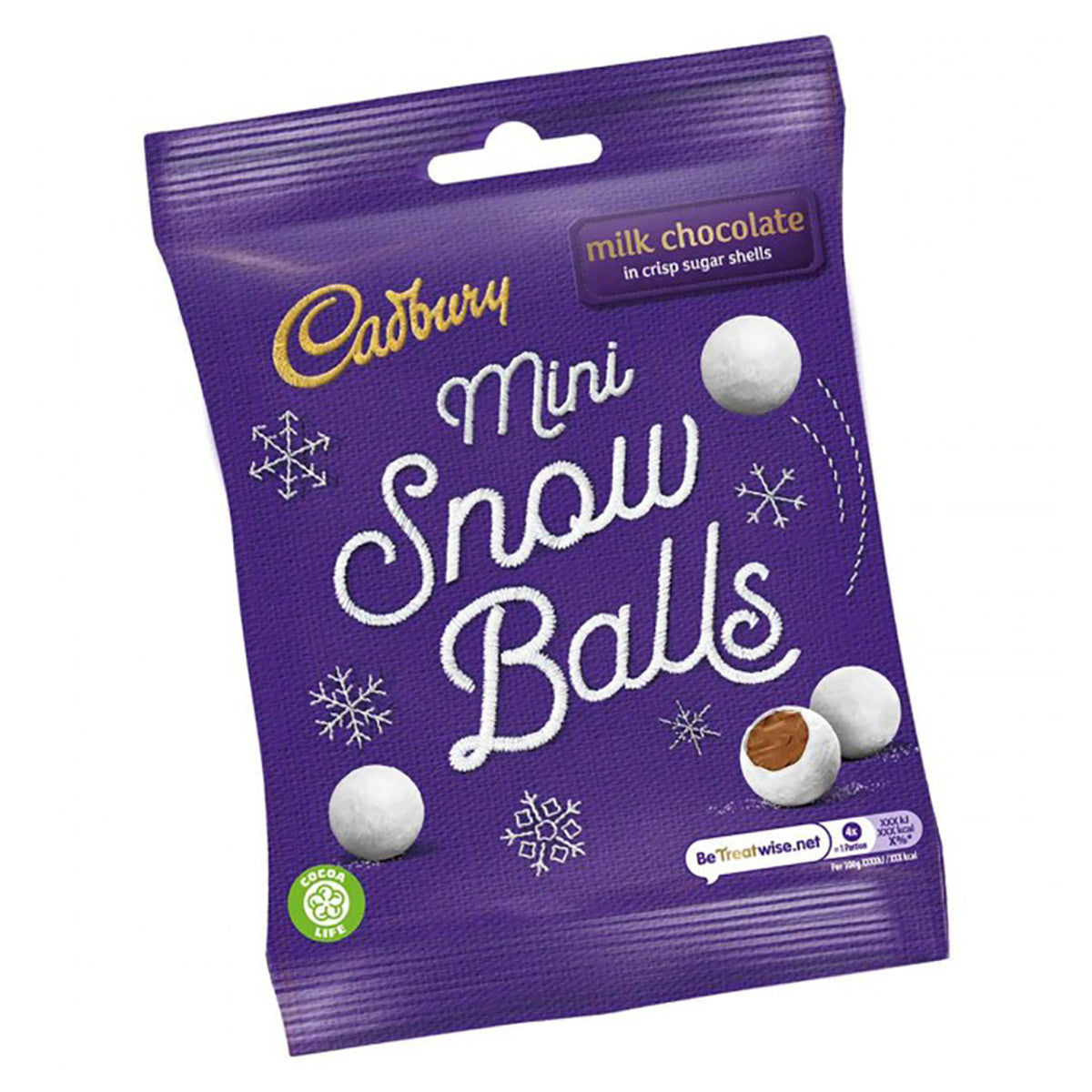 Purple package of Cadbury Mini Snow Balls on a white background