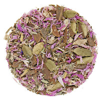 A mix of dried herbal blend loose-leaf tea and flowers intended for use in herbal tea, including pieces of peppermint, cinnamon, cardamom, lemon balm, ginger, licorice, fennel, and Burdock root.