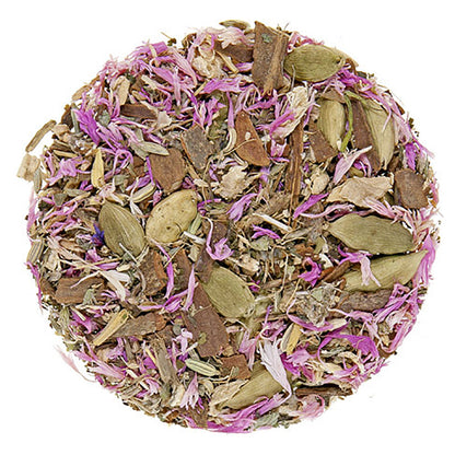 A mix of dried herbal blend loose-leaf tea and flowers intended for use in herbal tea, including pieces of peppermint, cinnamon, cardamom, lemon balm, ginger, licorice, fennel, and Burdock root.
