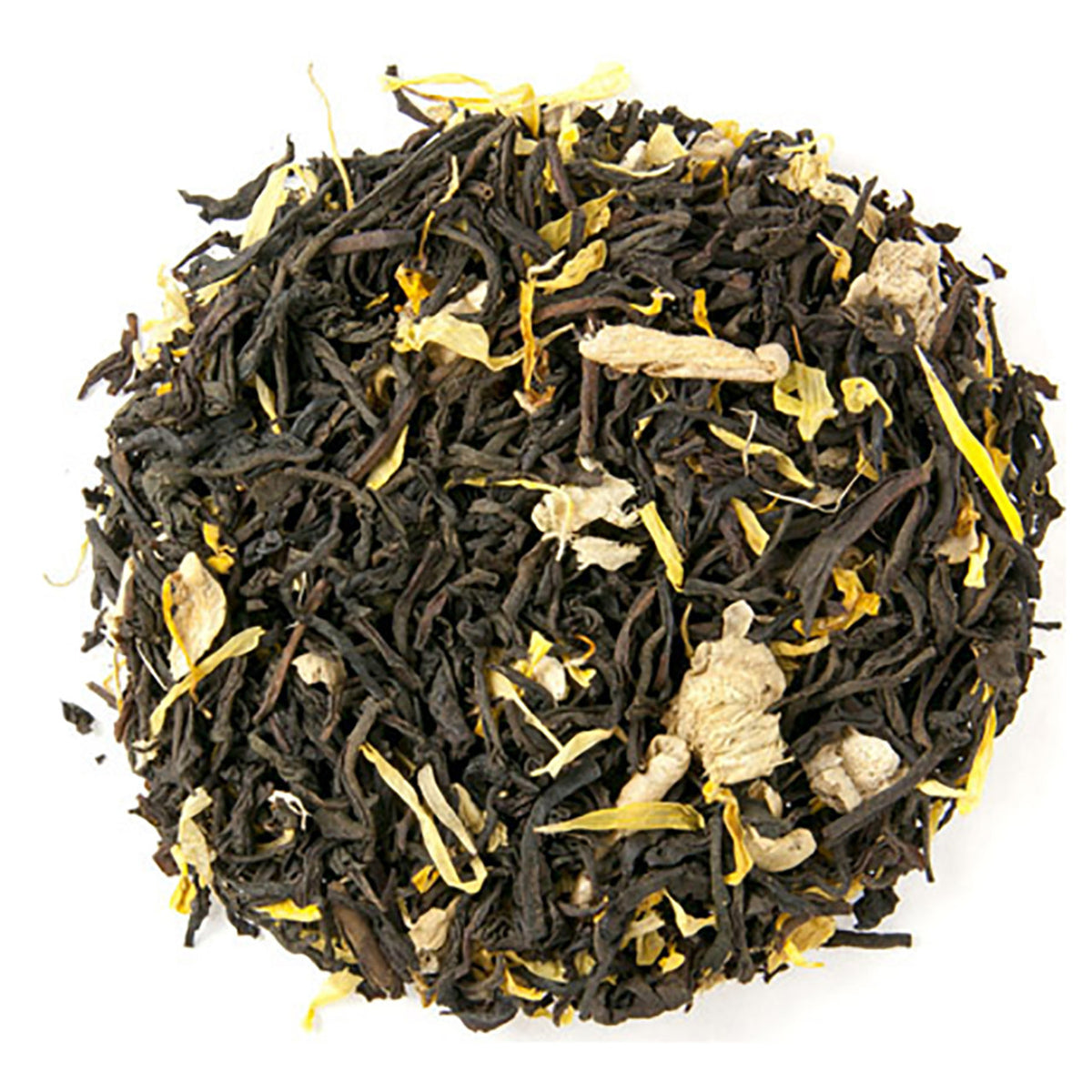 Tea ball with black tea leaves, ginger pieces, and yellow flowers on a white background