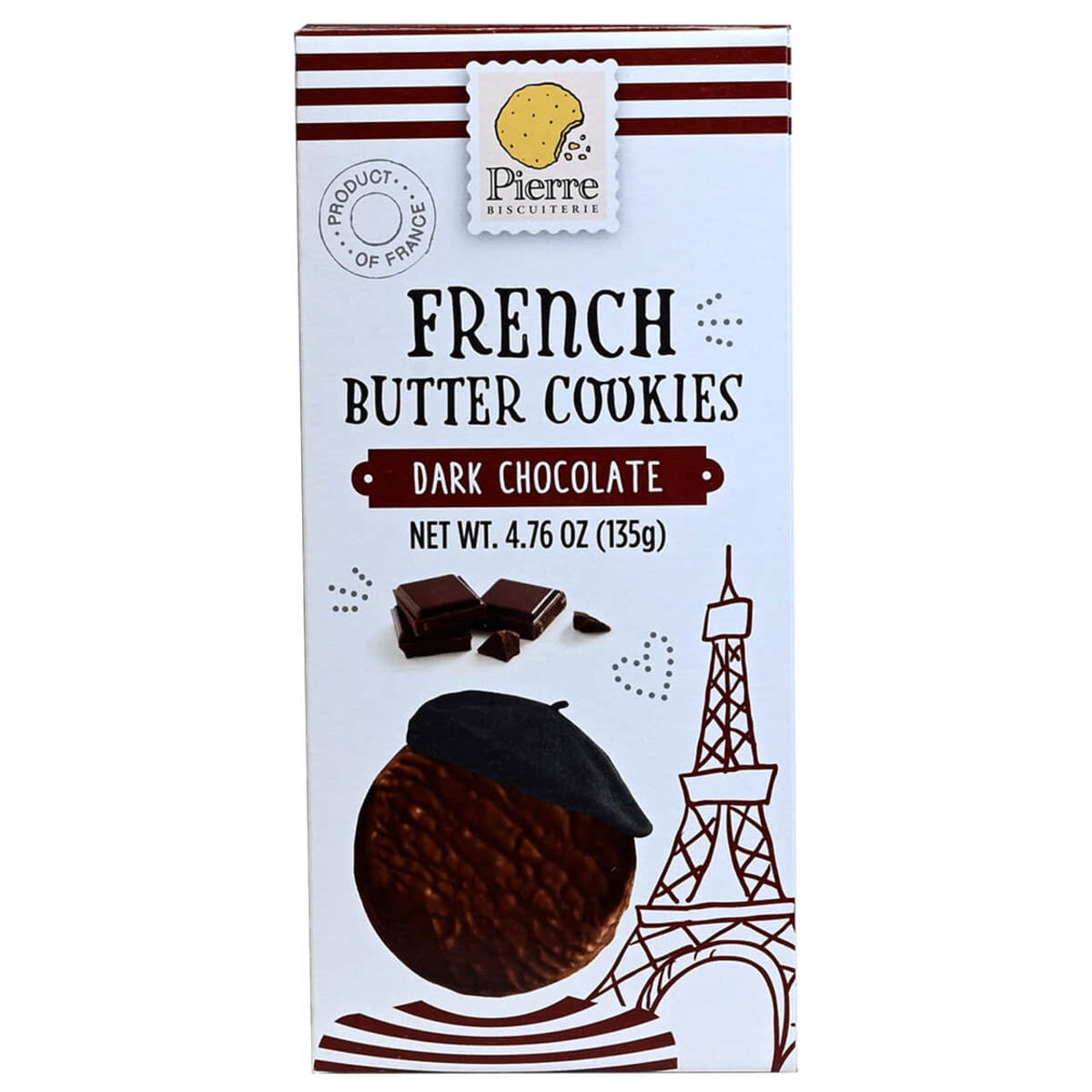 Box of Pierre French Butter Cookies Dark Chocolate on a white background