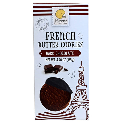 Box of Pierre French Butter Cookies Dark Chocolate on a white background