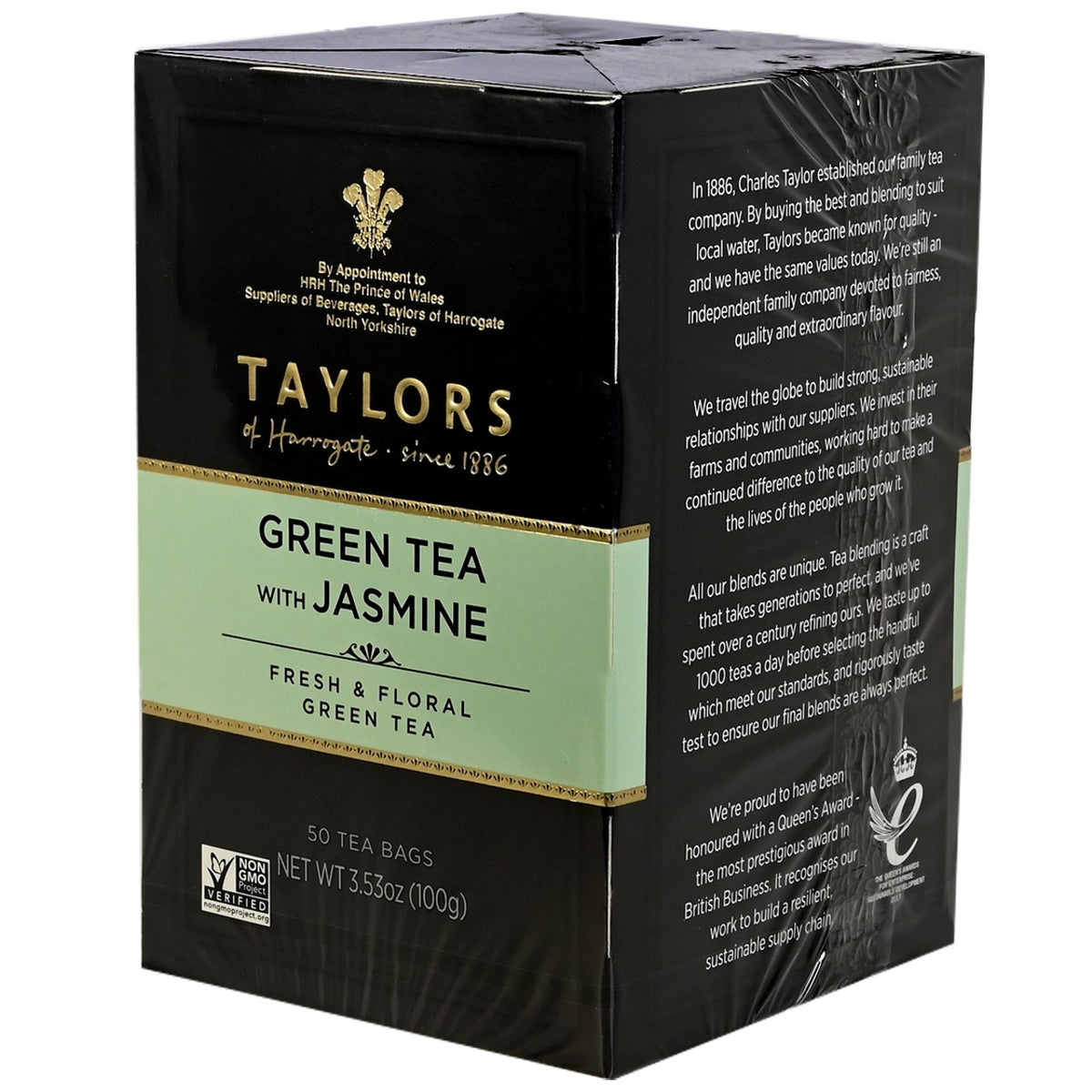 Box of Taylors of Harrogate Green Tea with Jasmine on a white background