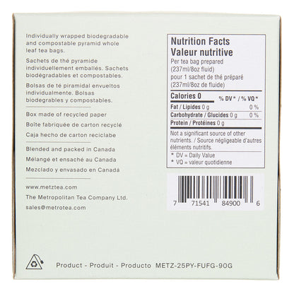 Back of a tea box with nutritional facts, recycling information, and product details.
