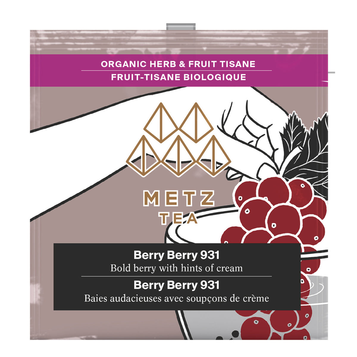 Metz Tea Berry Berry 931 tea package with graphics of berries and tea leaves.