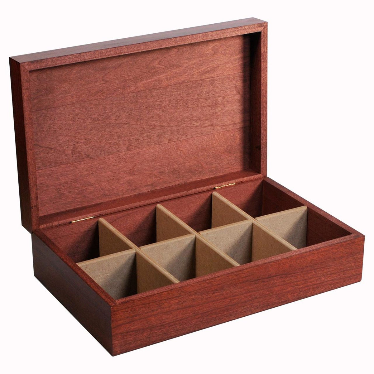 Wooden tea chest box with compartments on a white background