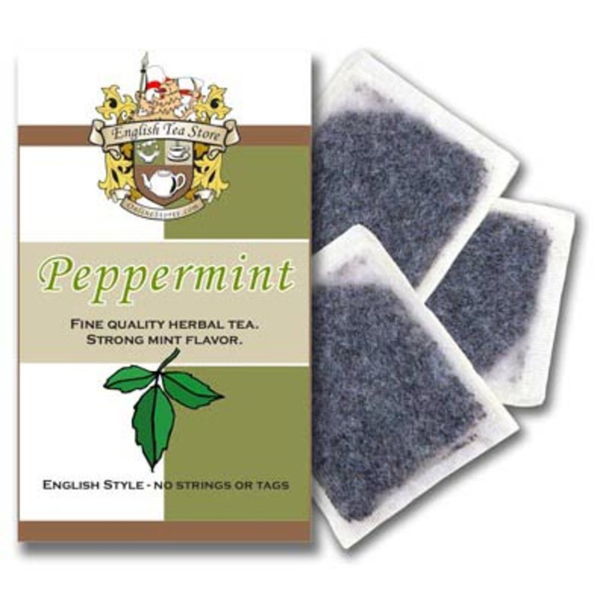 Peppermint tea package with tea bags on a white background