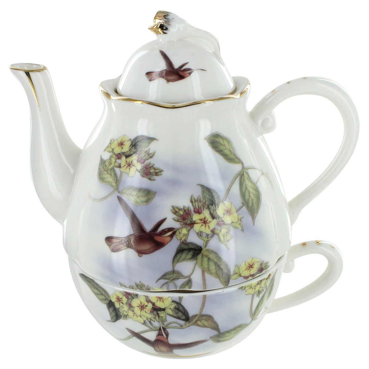 White porcelain teapot with bird and floral design on a white background