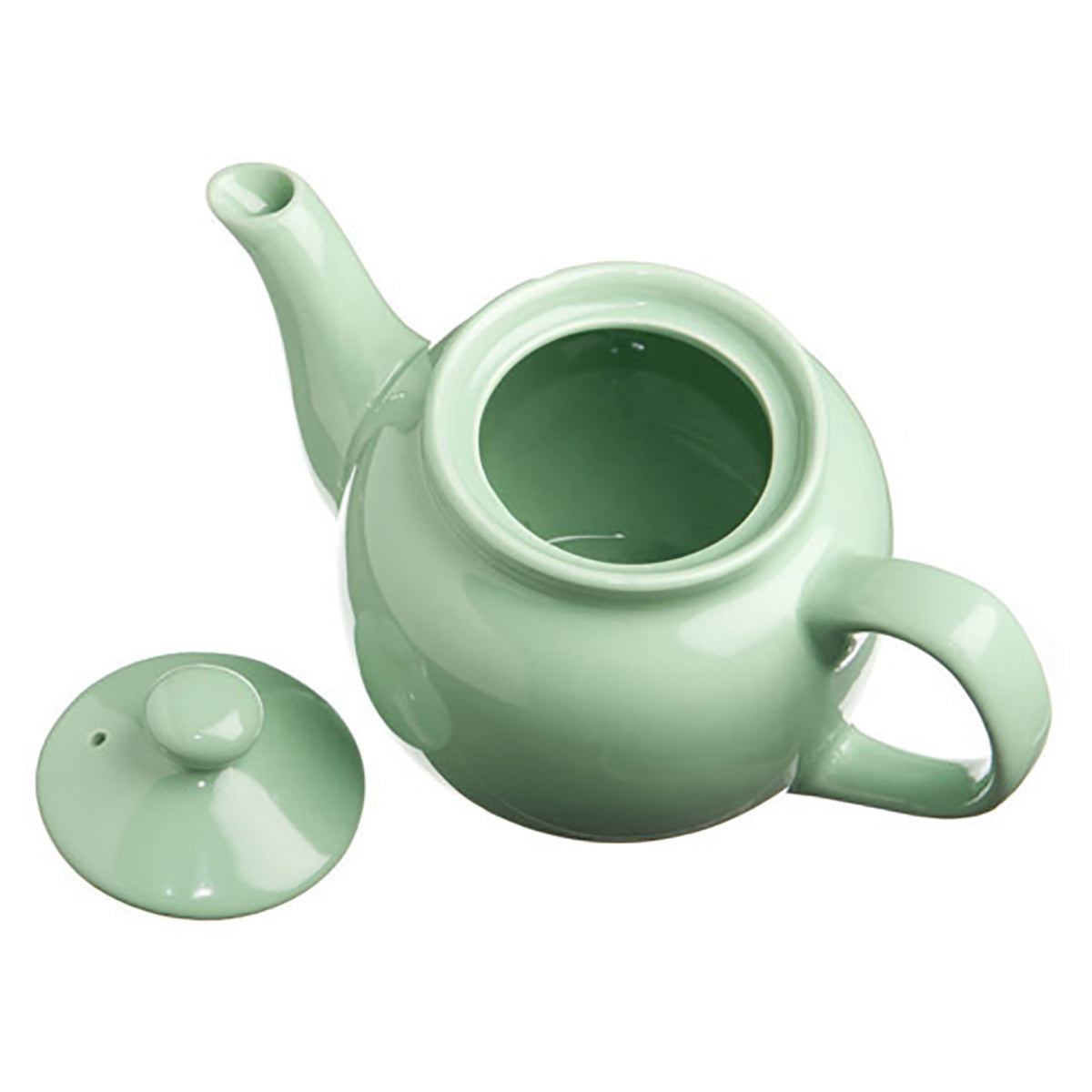 Mint green ceramic teapot with lid on a white background