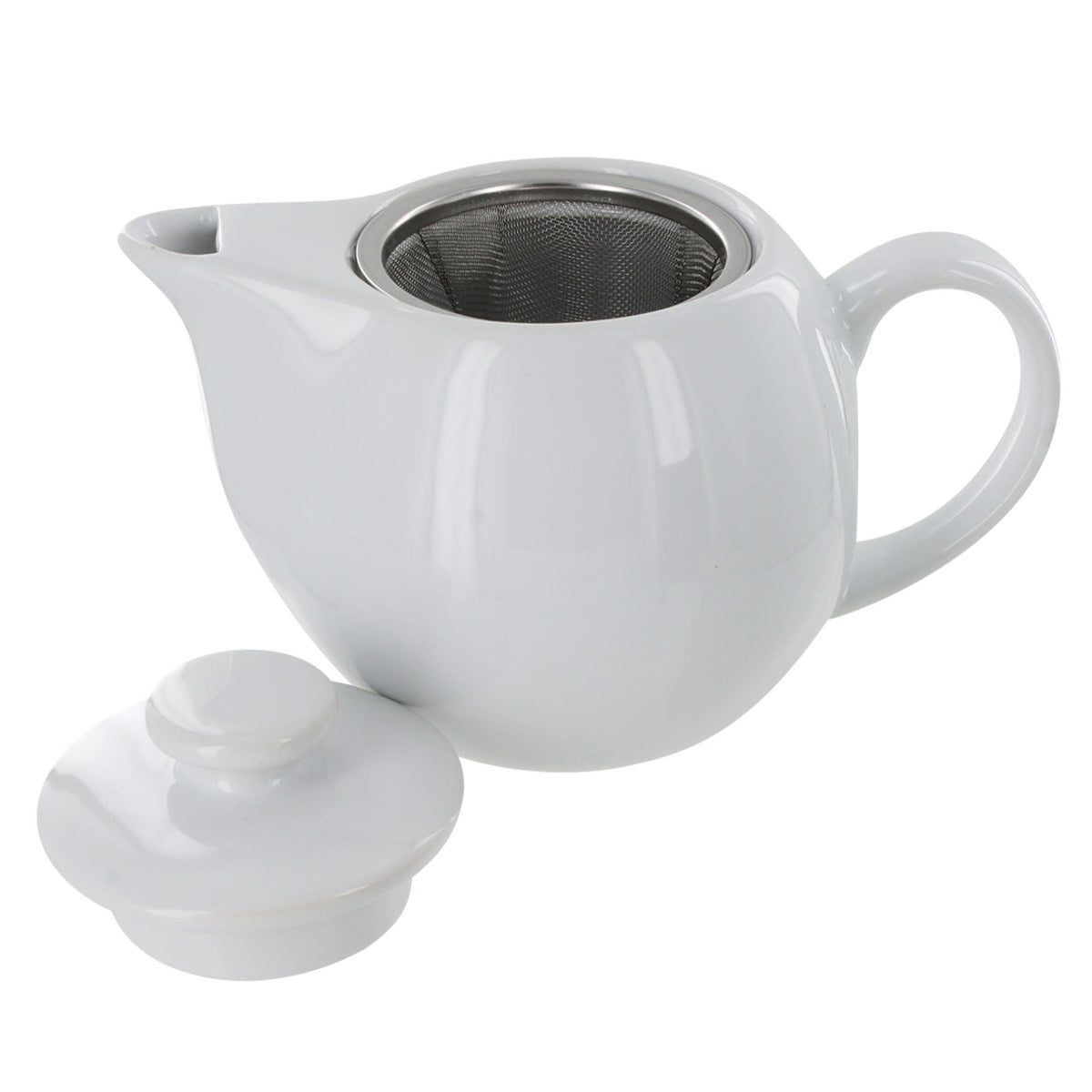 White ceramic teapot with a metal infuser on a white background
