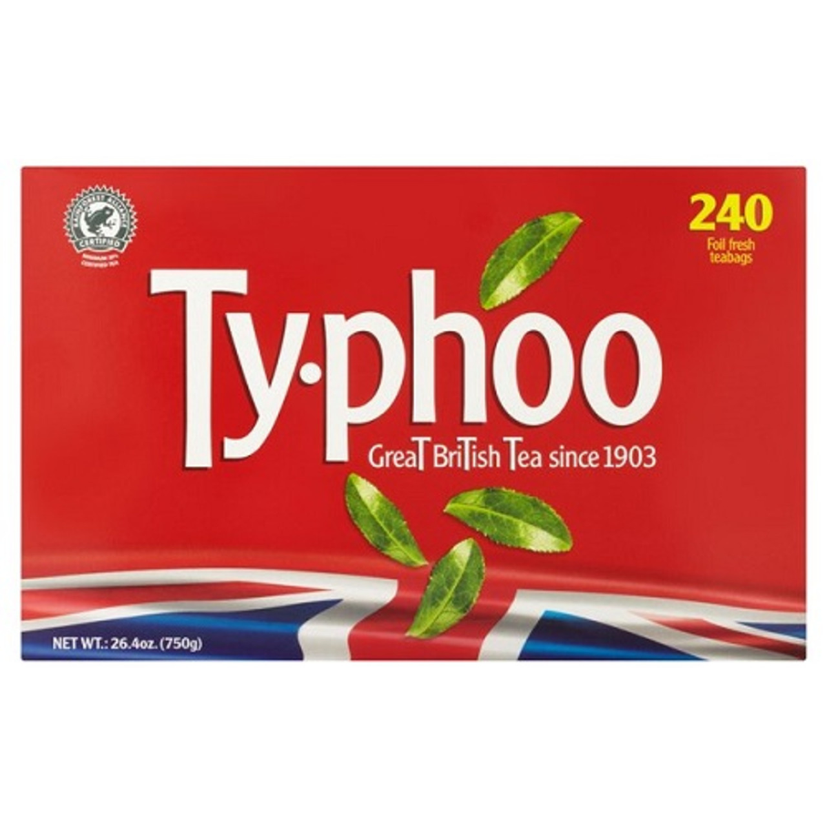 Typhoo tea box with red background, green leaves, and Union Jack design.
