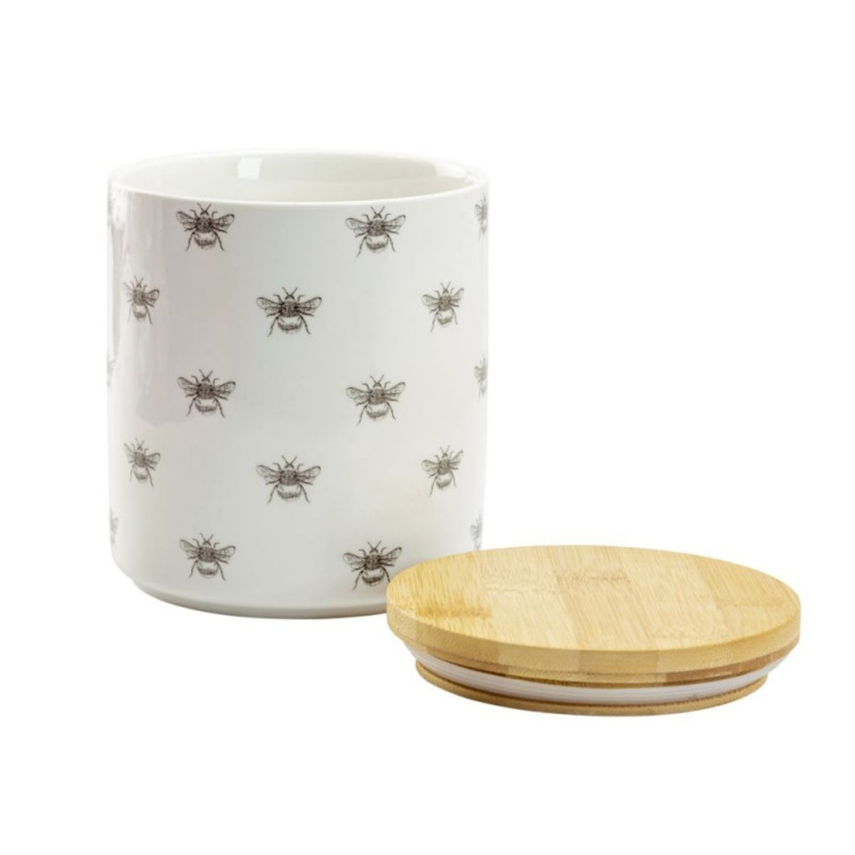 White container with bee pattern and wooden lid on a white background