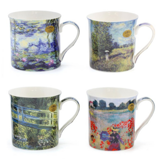 Set of four mugs with Monet designed artwork on a white background