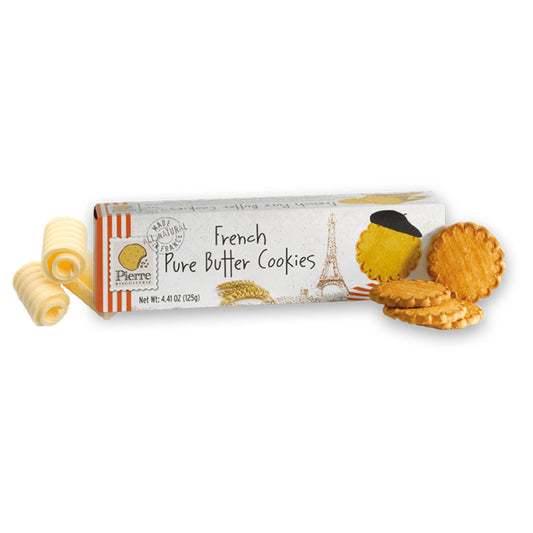 Packaged French Pure Butter Cookies with cookies and cream on a white background