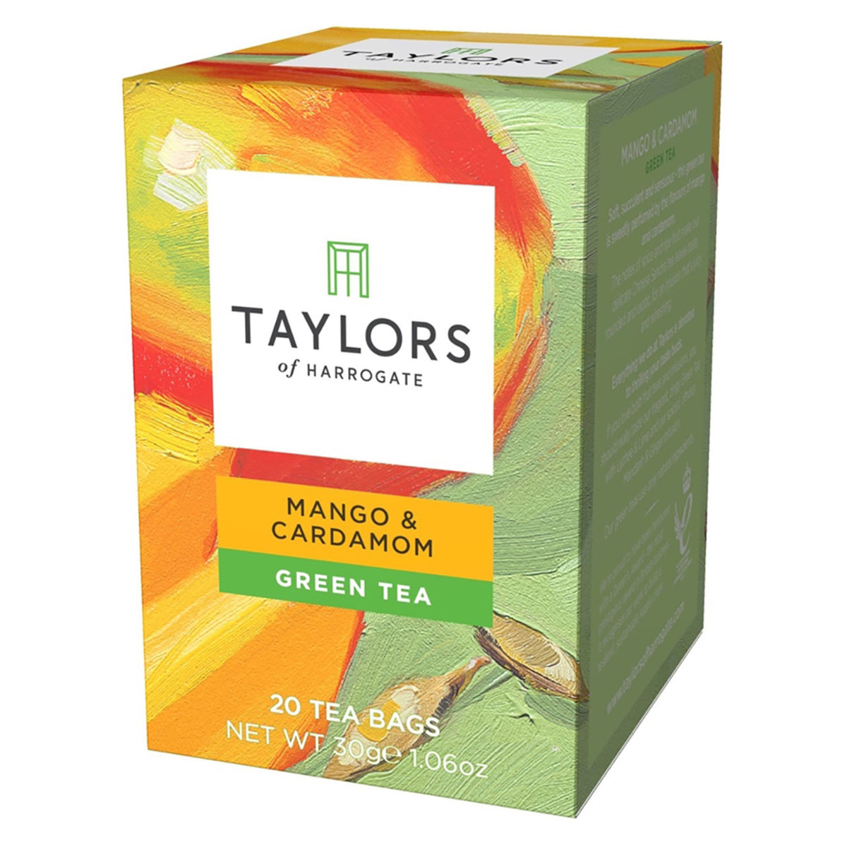 Box of Taylors of Harrogate Mango & Cardamom Green Tea on a white background