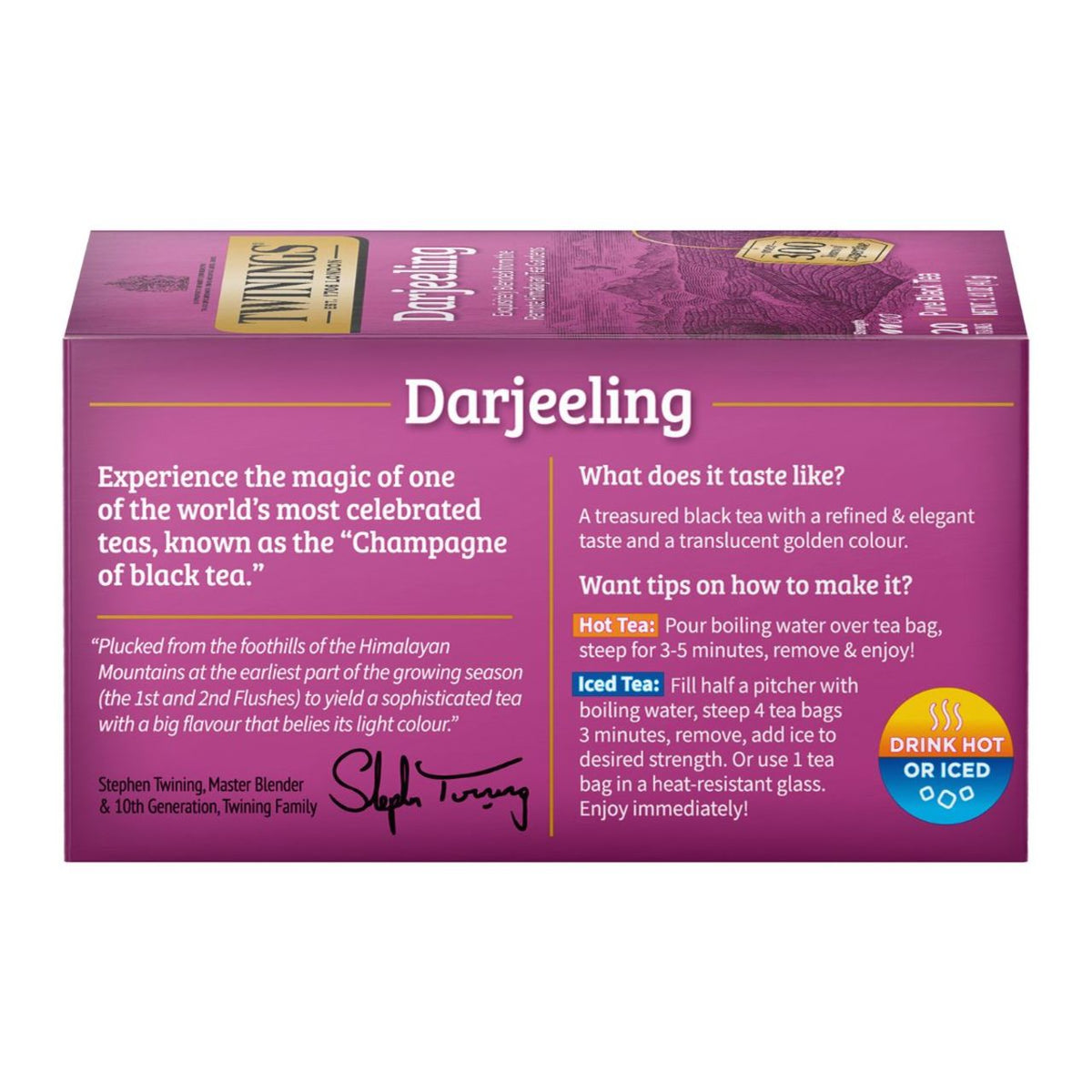 Darjeeling tea box with purple packaging and white text on a white background