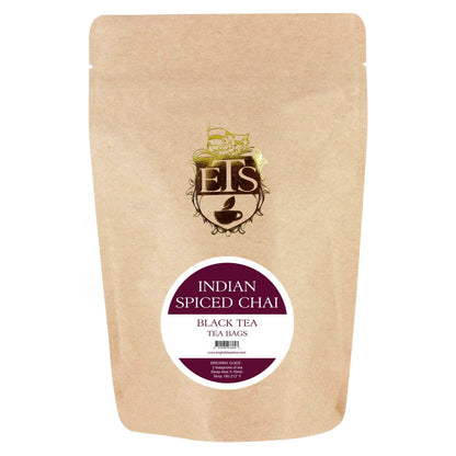 A brown paper pouch packaging for English Tea Store's Indian Spiced Chai tea bags, with branding and product name displayed.
