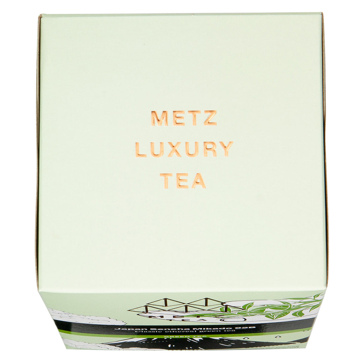 Top of a box of Metz Tea featuring the text "Metz Luxury Tea"